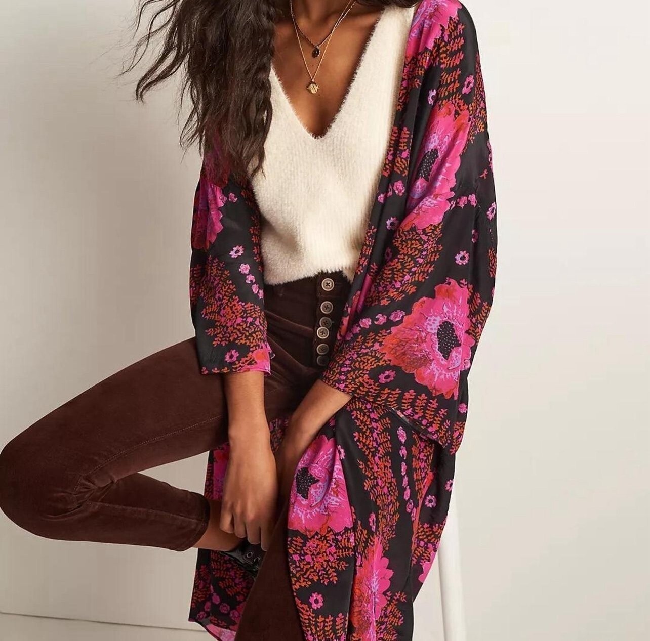 Anthropologie Colorful Bold Floral Open Front Kimono Cover-Up Boho Bohemian
