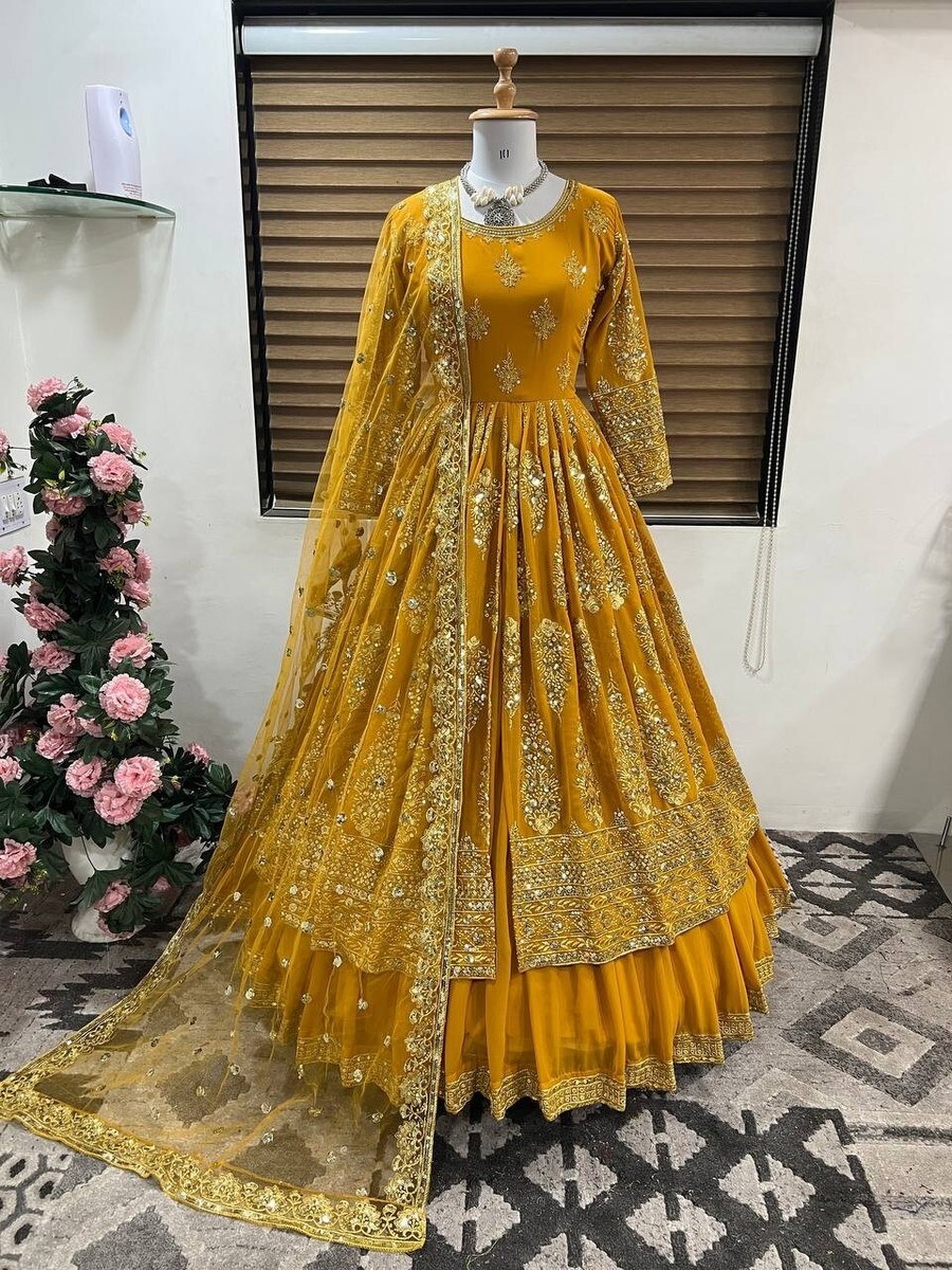 white christmas dresses Yellow color Georgette Designer Lehenga choli for Haldi Function– Joshindia main image 1