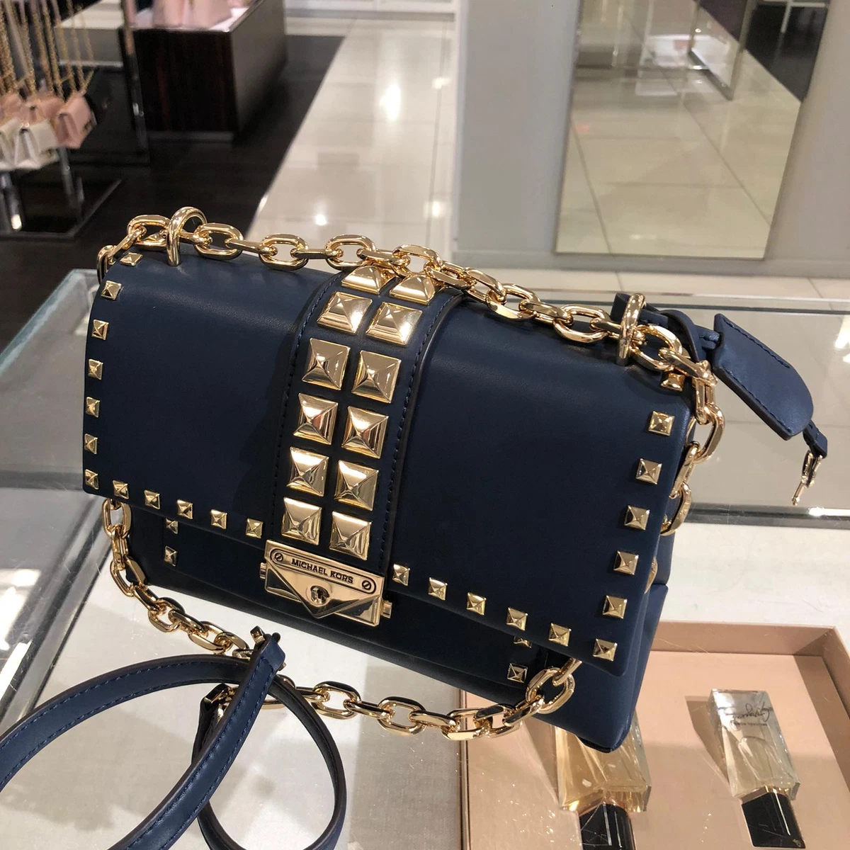 Michael Michael Kors Black Leather Studded CrossBody Handbag Chain