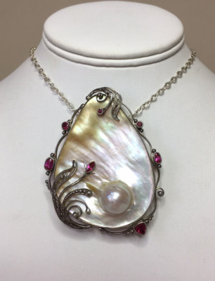 Blister Pearl, Rubies and Filigree Sterl. Silver Handmade Dramatic pin - pendant
