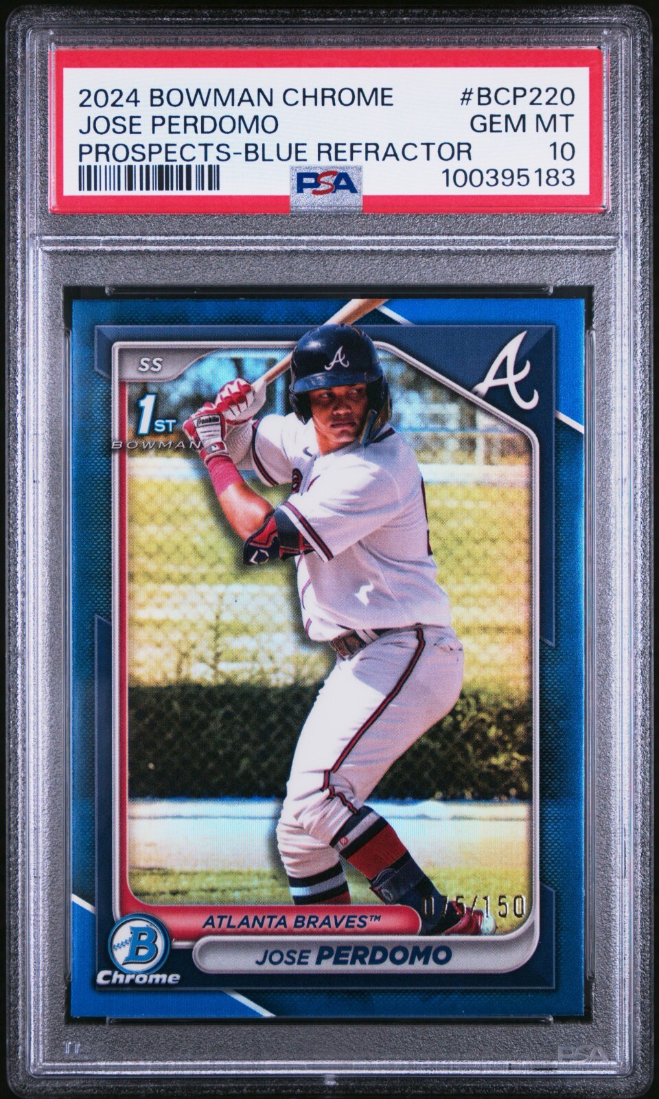 2024 Bowman Chrome Jose Perdomo 1st Blue Refractor #'d 75/150 PSA 10 GEM Braves