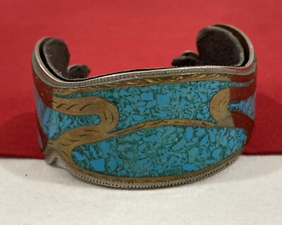 Vintage UNSIGNED Native American Silver Gold TURQUOISE CHIP CUFF BRACELET 52.07g