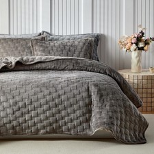 WARMDERN Khaki Velvet Quilt Set Queen Size, Luxury Geometric Check Pattern Quilt