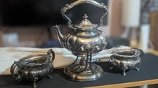 Teapot Metal Set with Sugar and Bowl And Whick Stand