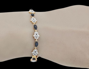 Authentic 4Ctw Round Cut Lab Created Blue Sapphire Hamsa Bracelet 14K Two Tone Gold Plated