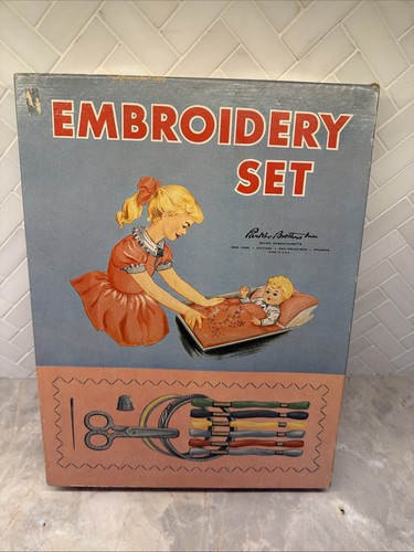 Vintage Parker Bros Embroidery Set Kit USA Partially Used Kids Scissors Thimble