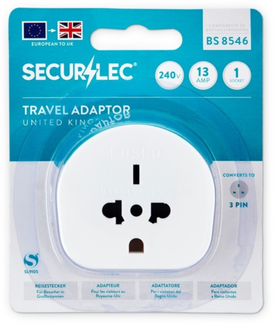 Securlec Travel Adaptor Plug Socket European to UK Visitors 3 Pin 13A 240V