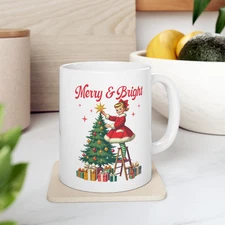 Retro Christmas Mug Merry and Bright Girl Tree Gifts Vintage Holiday Coffee Cup