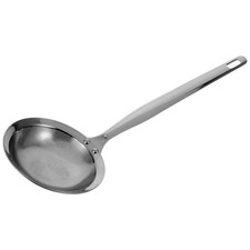 Cuchara coladora de acero inoxidable plateada con diseño perforado para uso en cocina