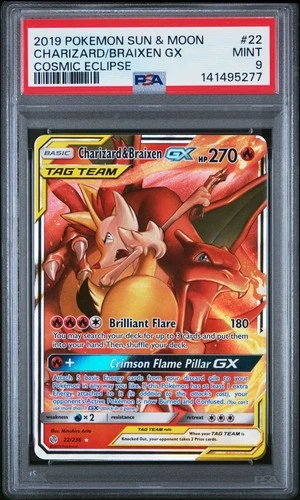 2019 POKEMON SUN & MOON COSMIC ECLIPSE #22 CHARIZARD & BRAIXEN GX PSA 9
