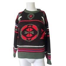 Vintage 70s Littlewood Green Abstract Geometric Sweater Pullover Knit Size Small