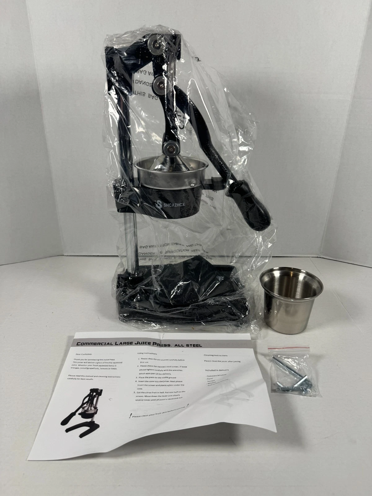 Cast Iron Manual Citrus Juicer - Heavy Duty Fruit Press W/ Stainless Steel Cup