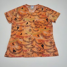 SB Scrubs Orange Halloween Spooky Trick or Treat Medical Scrub Top Size Small