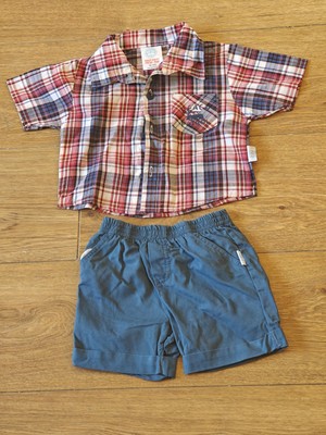 Summer wear Boys Blue Plaid  Button Up Shirt & Pants Outfit Set 3-6 Month
