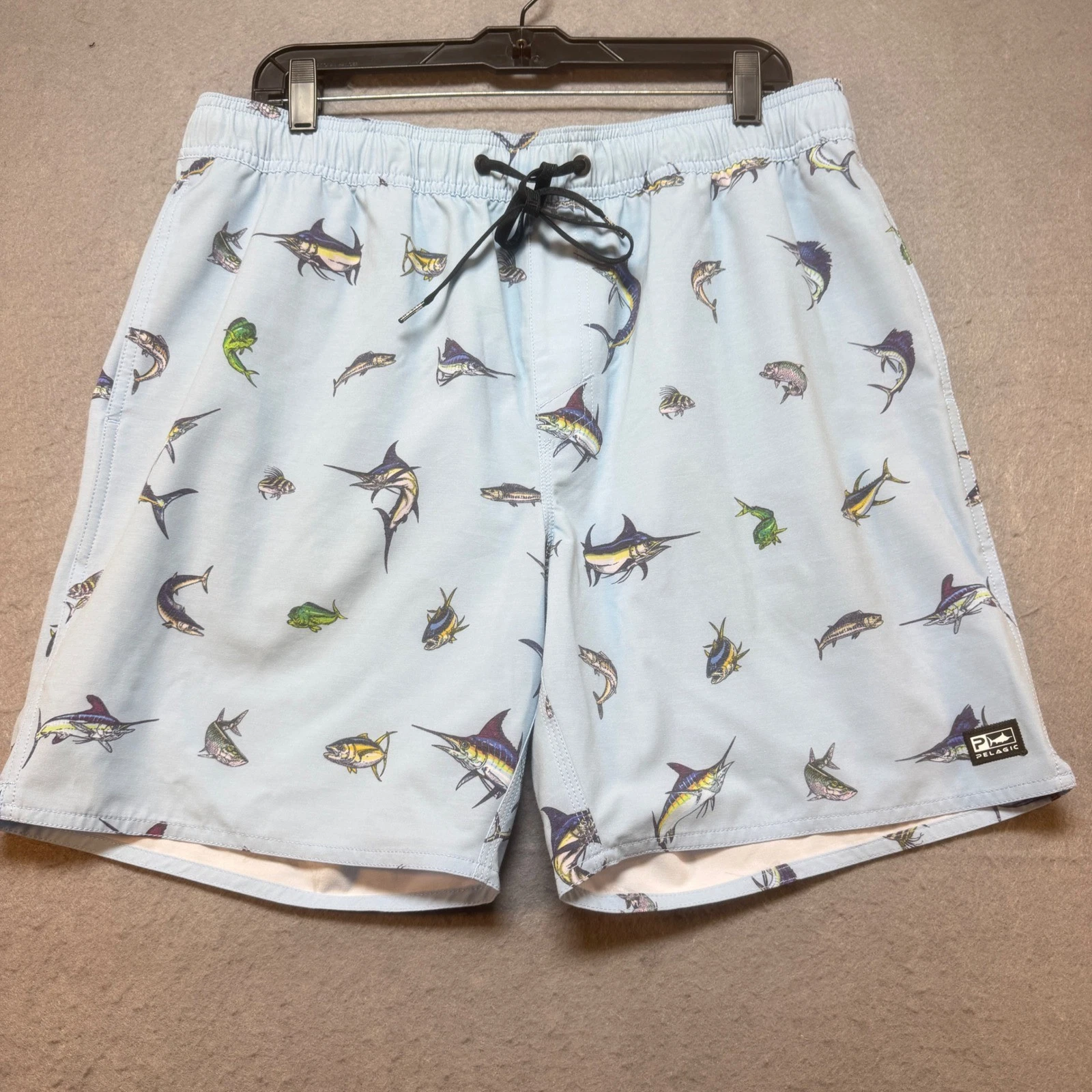 Pelagic Mens XL Light Blue Fish Print Fishing Shorts 34x7 Stretch Marlin Tuna
