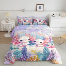 Cute Axolotl Comforter Set Size, 2 Pieces Boys Girls Bed in a Bag,Purple Merm...