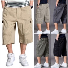 Mens Cargo Capri Short Pants Rope Baggy Camo Long Work Short Pant Elastic Waist+