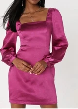 NWT LULU’S Pink Get The Love Square Neck Mini Dress L Long Sleeve
