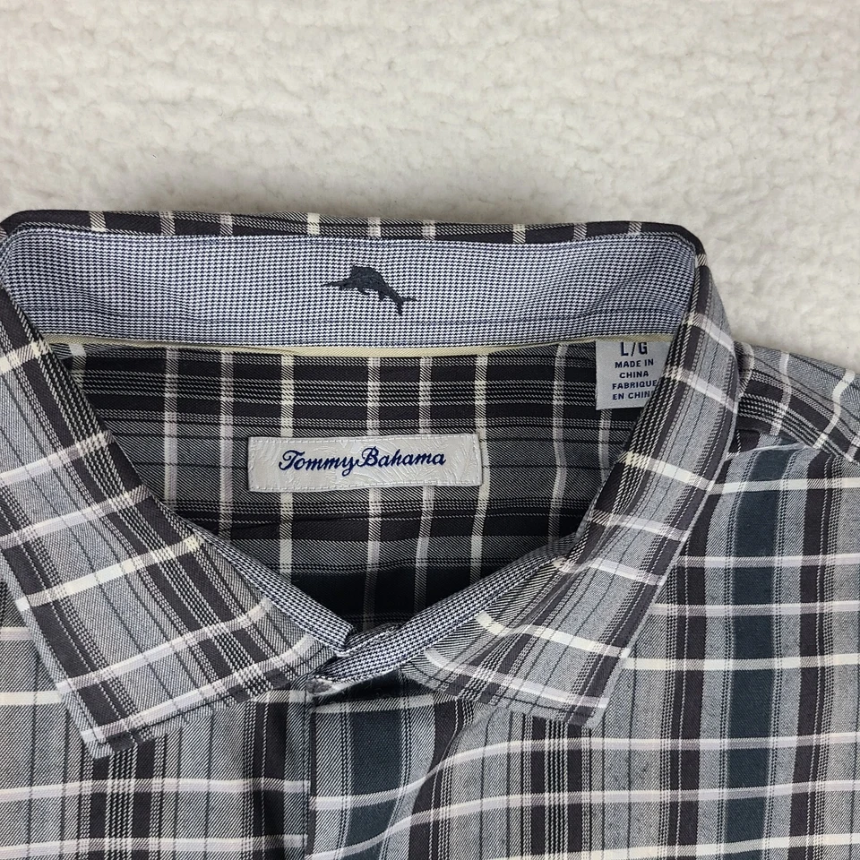 Camisa de vestir Tommy Bahama para hombre grande negra gris a cuadros abotonada algodón seda Foto 4 de 4