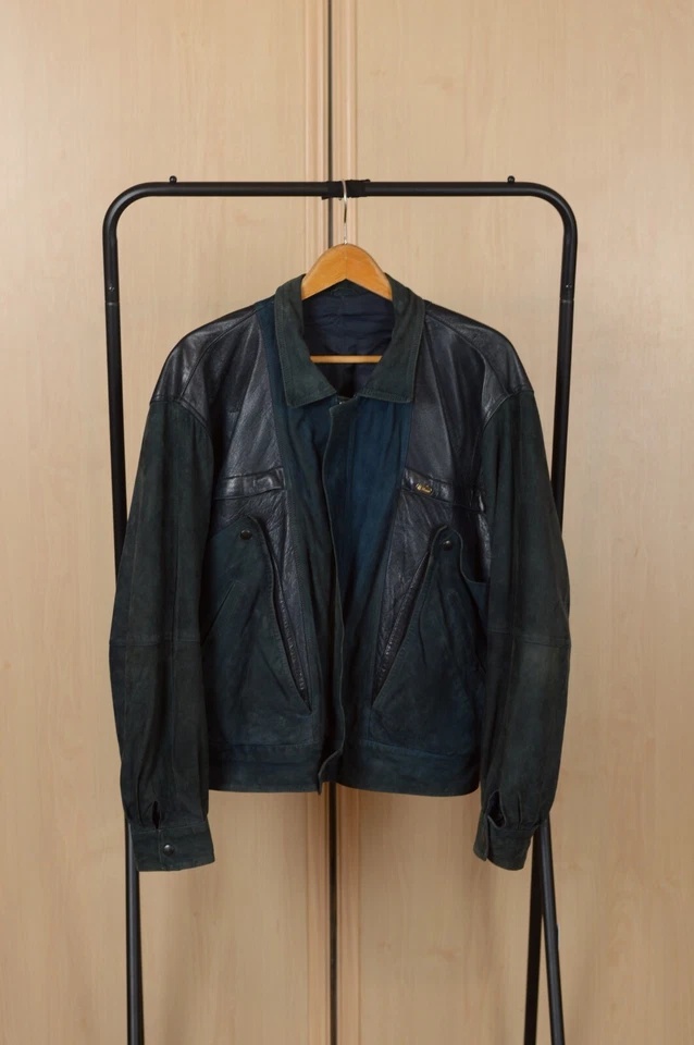 Vintage 90s Rare Italian LEONARDO Black Navy Biker Jacket Size 50 - Image 4 of 4