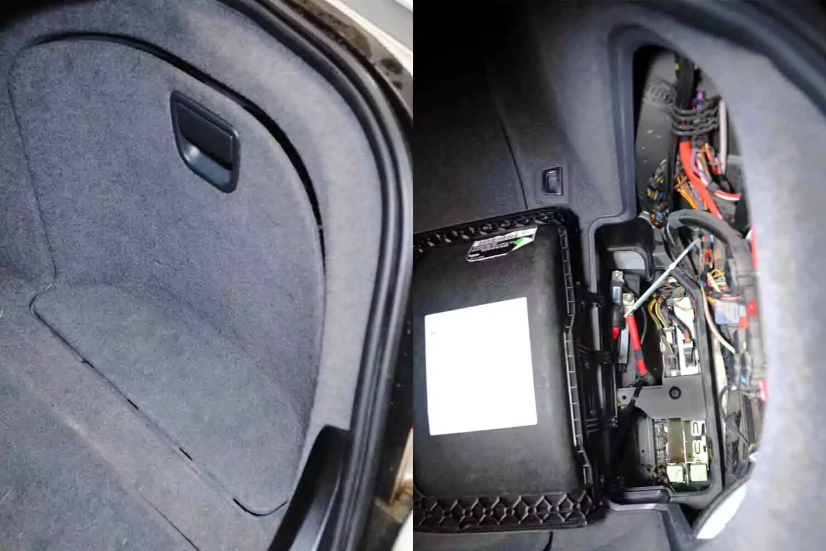 The access panel in a vehicle's trunk, and then the panel opened showing the vehicle's battery.