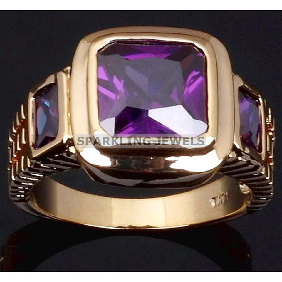 Anillo de Amatista Vívida con Corte de Cojín Plateado 925 Chapado en Oro para Hombres #C32 Foto 2 de 4