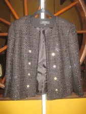 TAHARI 12 Black Double Gold Button Open Front Fringe Blazer Jacket