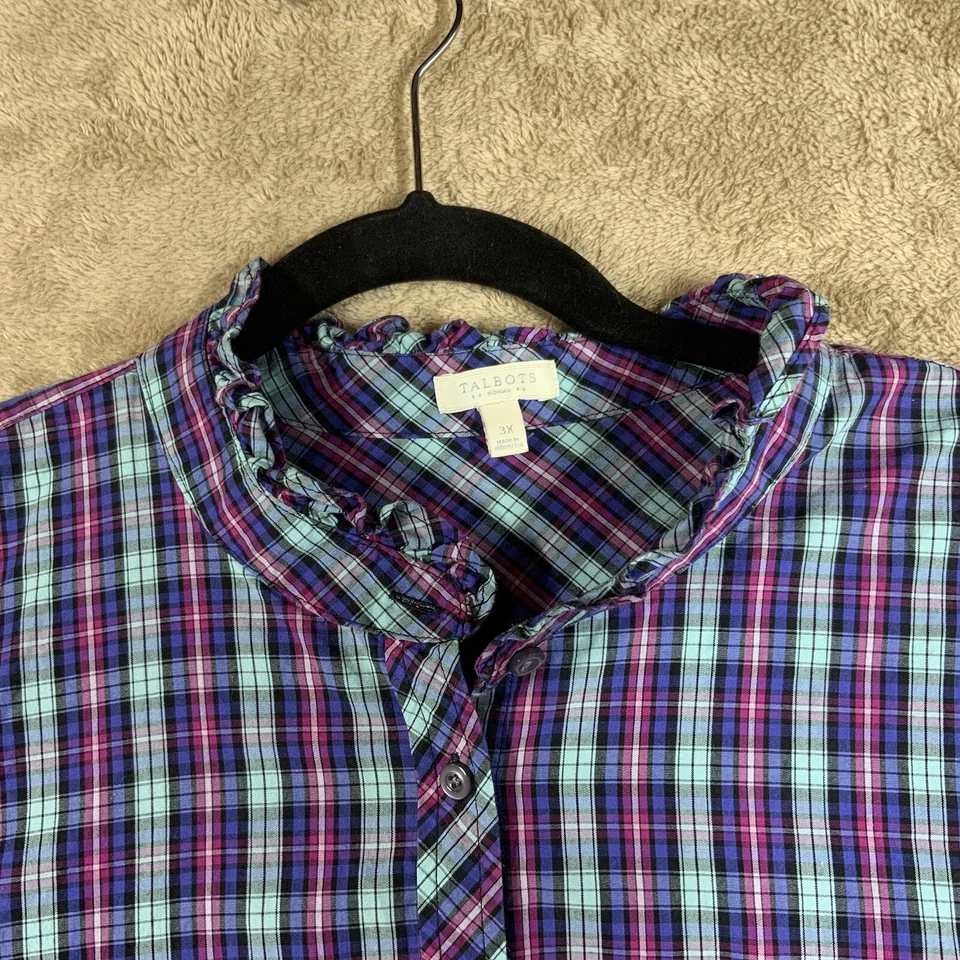 Talbots Womens Plus Size 3X Button Shirt Ruffle Collar Plaid Colorful EUC - Image 2 of 4