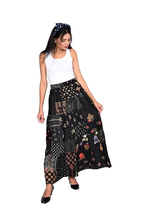 Faldas Largas Negro Vintage Rayo Indio Patchwork Hippy Gitano Boho Mujer