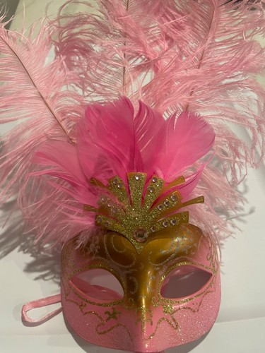Pink and Gold Sparkly Venetian Masquerade Mask with Feathers - Picture 2 of 6