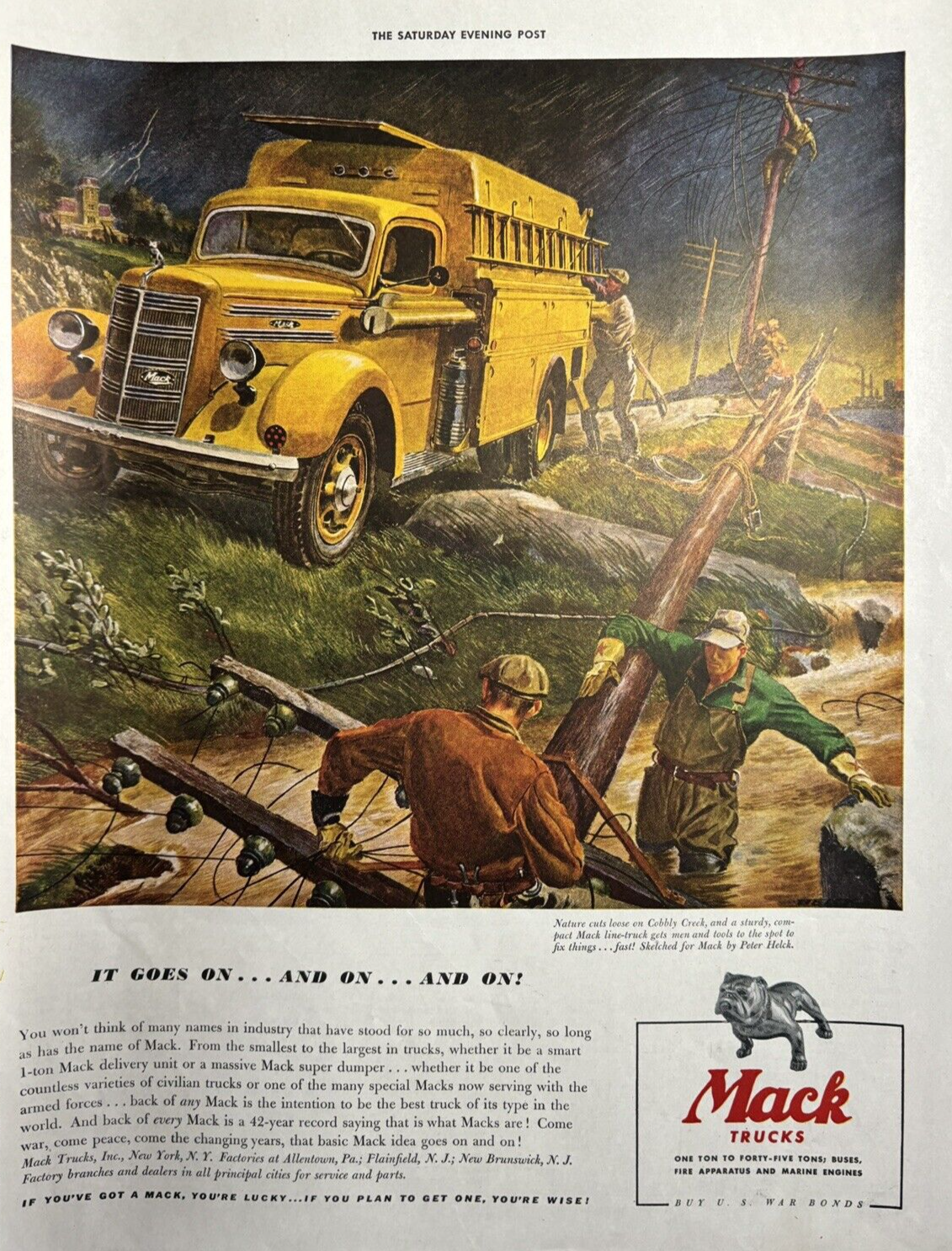 1942 Mack Trucks Cobbly Creek Line Peter Helck Telephone War Bonds VTG Print Ad