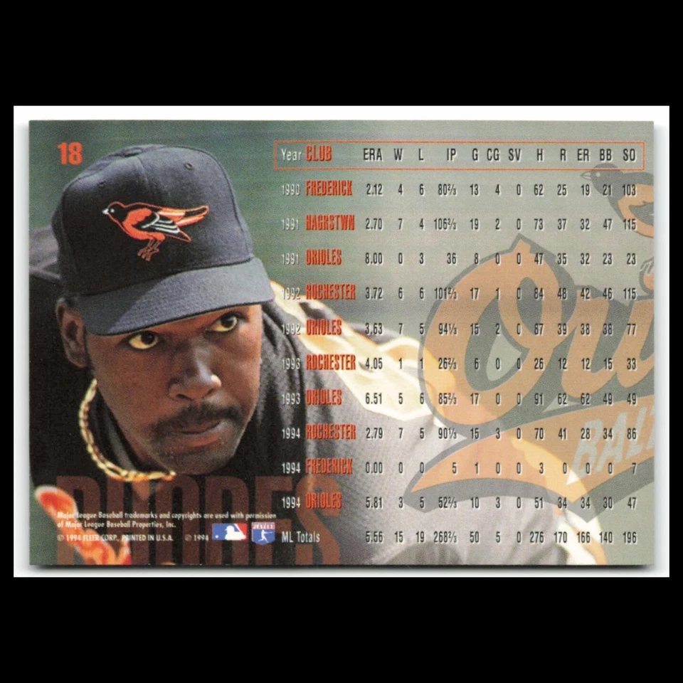 Tarjeta de béisbol Arthur Rhodes #18 1995 Fleer Baltimore Orioles MLB casi nueva Foto 2 de 3