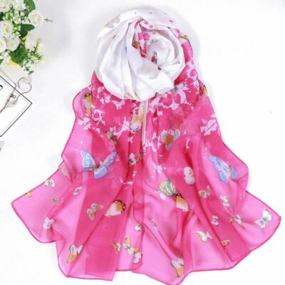 Foulard Femme Blanc Imprimé Papillons et Fleurs - Bijoux des Lys