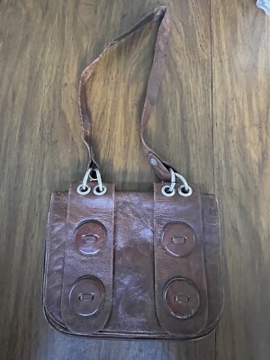 Athos Firenze Italian Brown Leather Bag Oversized Buttons Front Hippie Boho