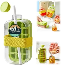 2 In 1 Ice Cube Bottle, Green Ice Cube Bottle with Straw, Portable Touch Free 