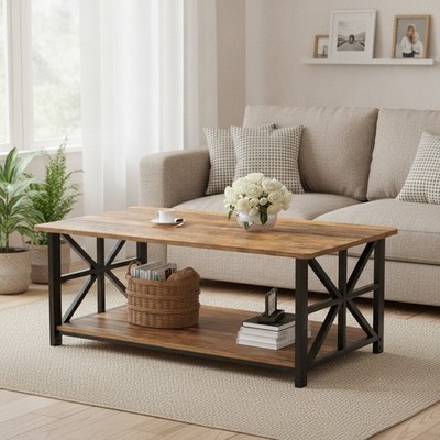 Couchtisch Nussbaum mit 2 Ebenen Ablage, moderner 100cm Wohnzimmer Mitteltisch