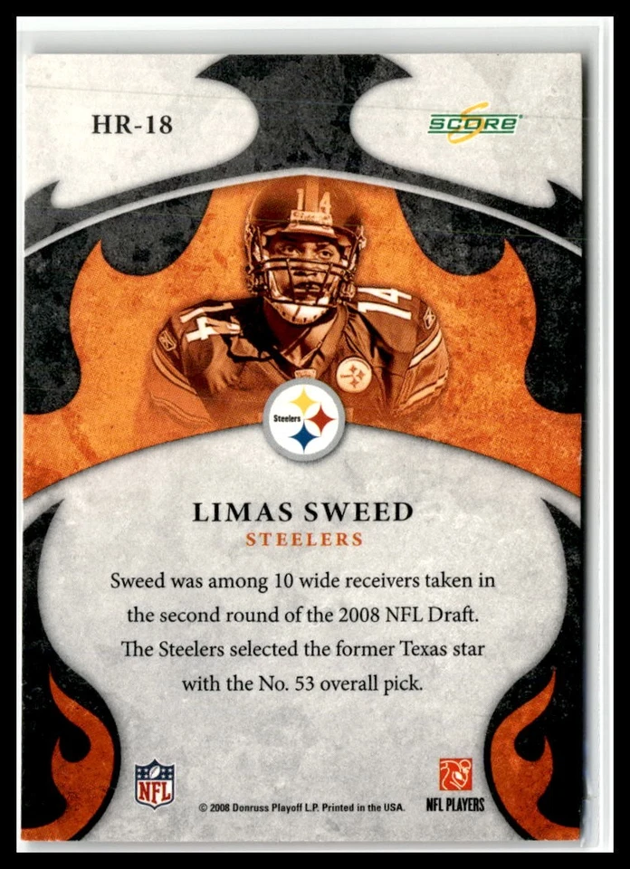 Limas Sweed 2008 Score Hot Rookies #HR-18 Pittsburgh Steelers - Image 2 of 2