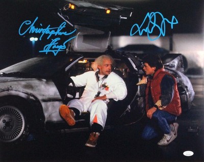 DeLorean Christopher Lloyd/MJ Fox Autographed w/ Delorean 16x20 Photo- JSA W *Blue