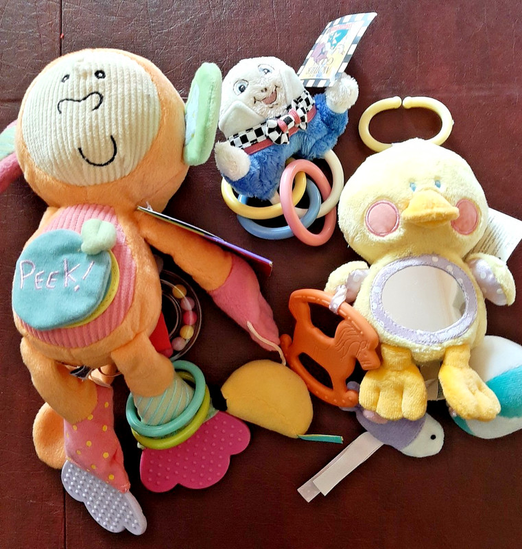 12 in Peek Squeak Monkey, 6 in Crinkle Rattle + Squeak Duck + 5 in Humpty Rattle