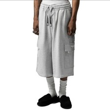 Pro Club Men's Gray Fleece Cargo Shorts Drawstring Elastic Waist Logo Pockets