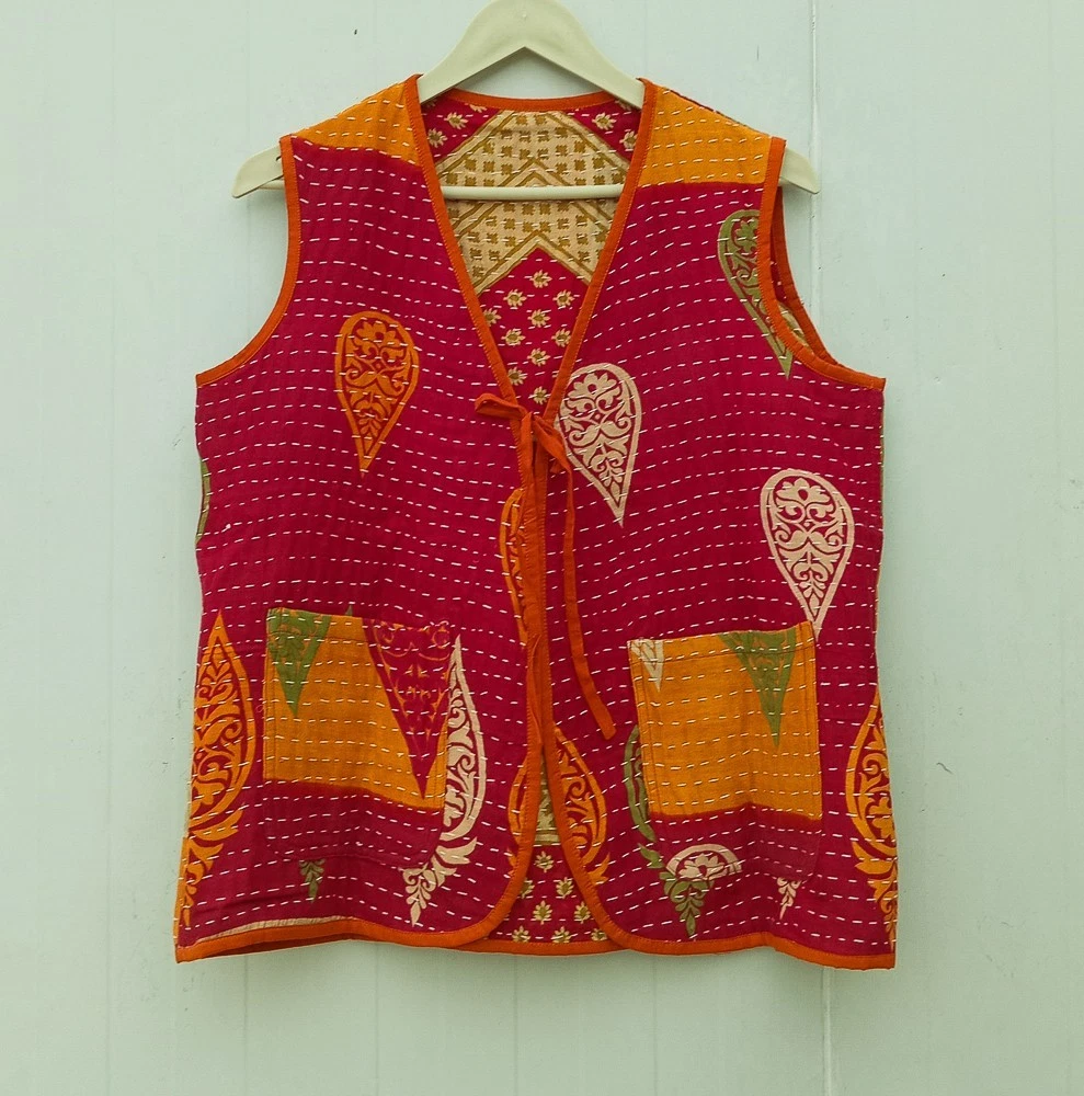 Vintage Reversible Kantha Vest Handcrafted Indian Cotton Quilted Jacket KVS1019