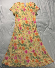 Vintage Cottagecore Floral Dress Fit Flare Size 12 Yellow Pink Flower Print
