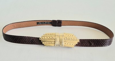 Vintage Alexis Kirk Brown Snakeskin Belt Gold Geometric Buckle 36'' Waist 