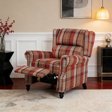 Push Back Linen Recliner Armchair Red Tartan Leisure Sofa Lounger with Footrest