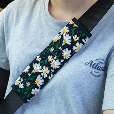 2 Pcs Embroidered Flowers Black Cute Daisy Auto Seat Belt Cover Seatbelt Shou...