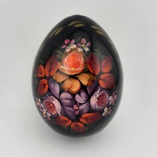 Hand Painted Wooden Egg Eastern European Folk Art Floral Lacquer Décor Vintage