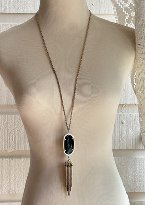 Kendra Scott Rayne Black Onyx Long Tassel Pendant Necklace Yellow Gold Plated
