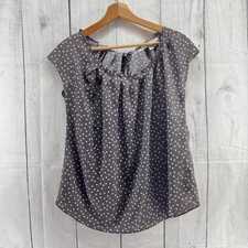 LC Lauren Conrad MEDIUM Gray Brown Polka Dot Pleated Bow Chiffon Top Blouse