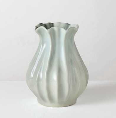 Hearth Home 9  PLEATED CERAMIC DECORATIVE VASE Target MAGNOLIA Blue FLORAL DECOR