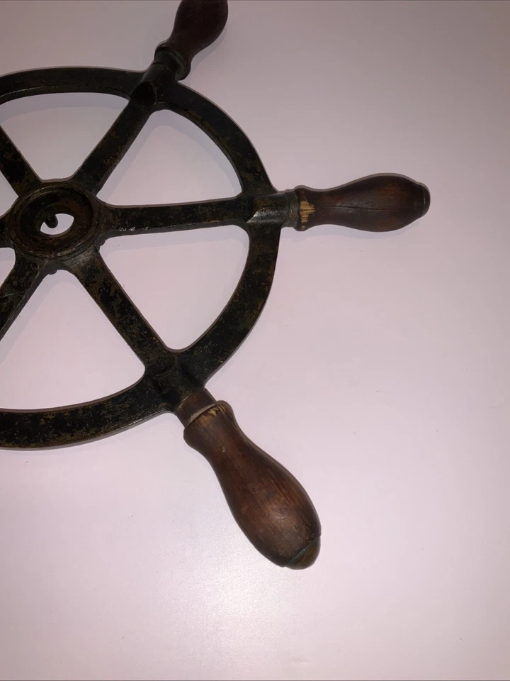 Antique Solid Brass Ship Wheel – Wood Handles – Nautical Maritime Decor 15” - Image 3 of 4